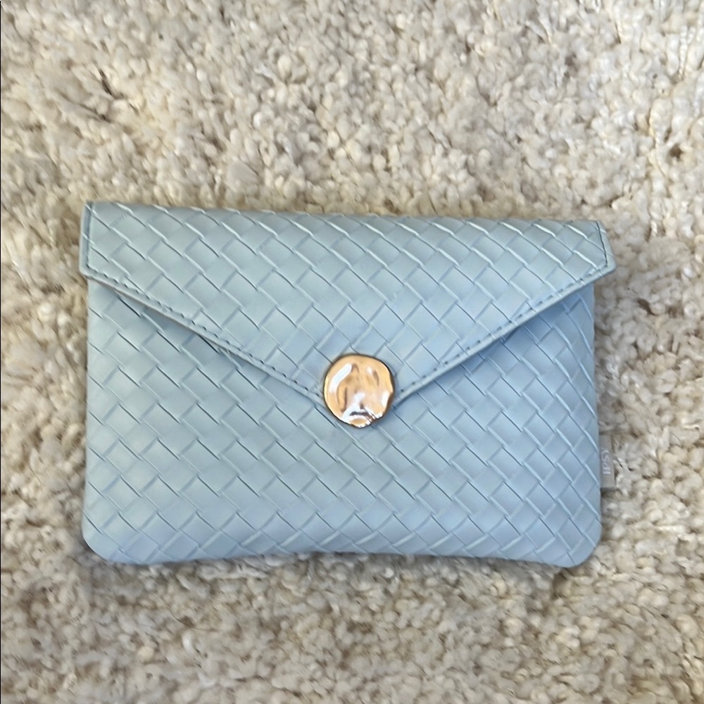 Pastel Blue Cosmetic Bag with Woven Texture and Envelope Design